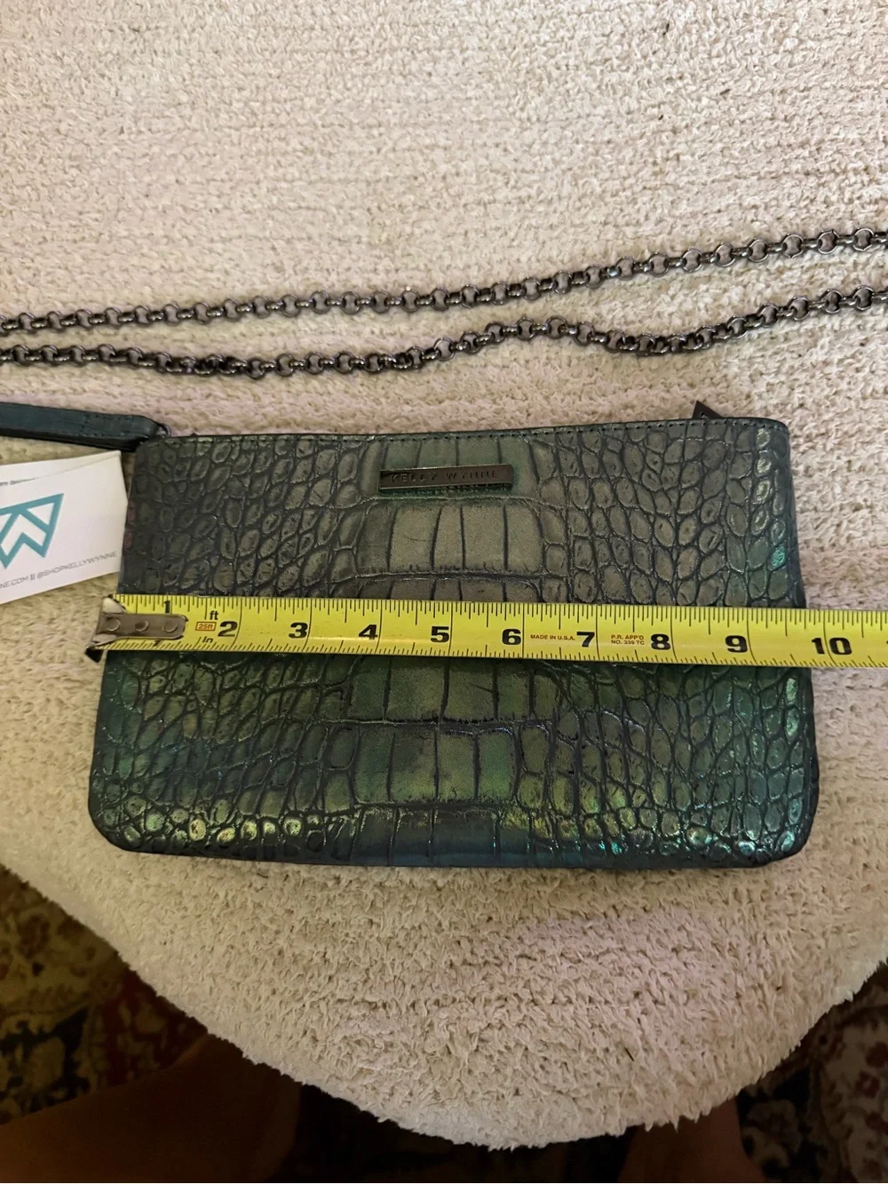 Kelly Wynne Iridescent Green Croc-Embossed Clutch Wallet with strap